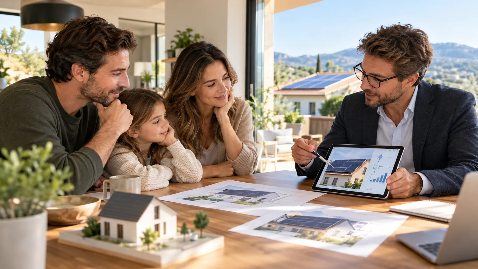 Consulente che illustra a una famiglia una soluzione fotovoltaica per la casa