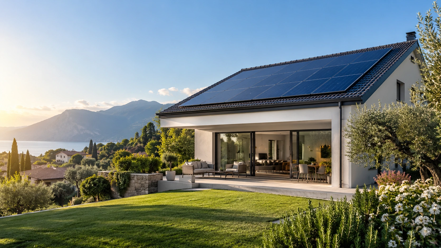 Casa con pannelli fotovoltaici installati sul tetto