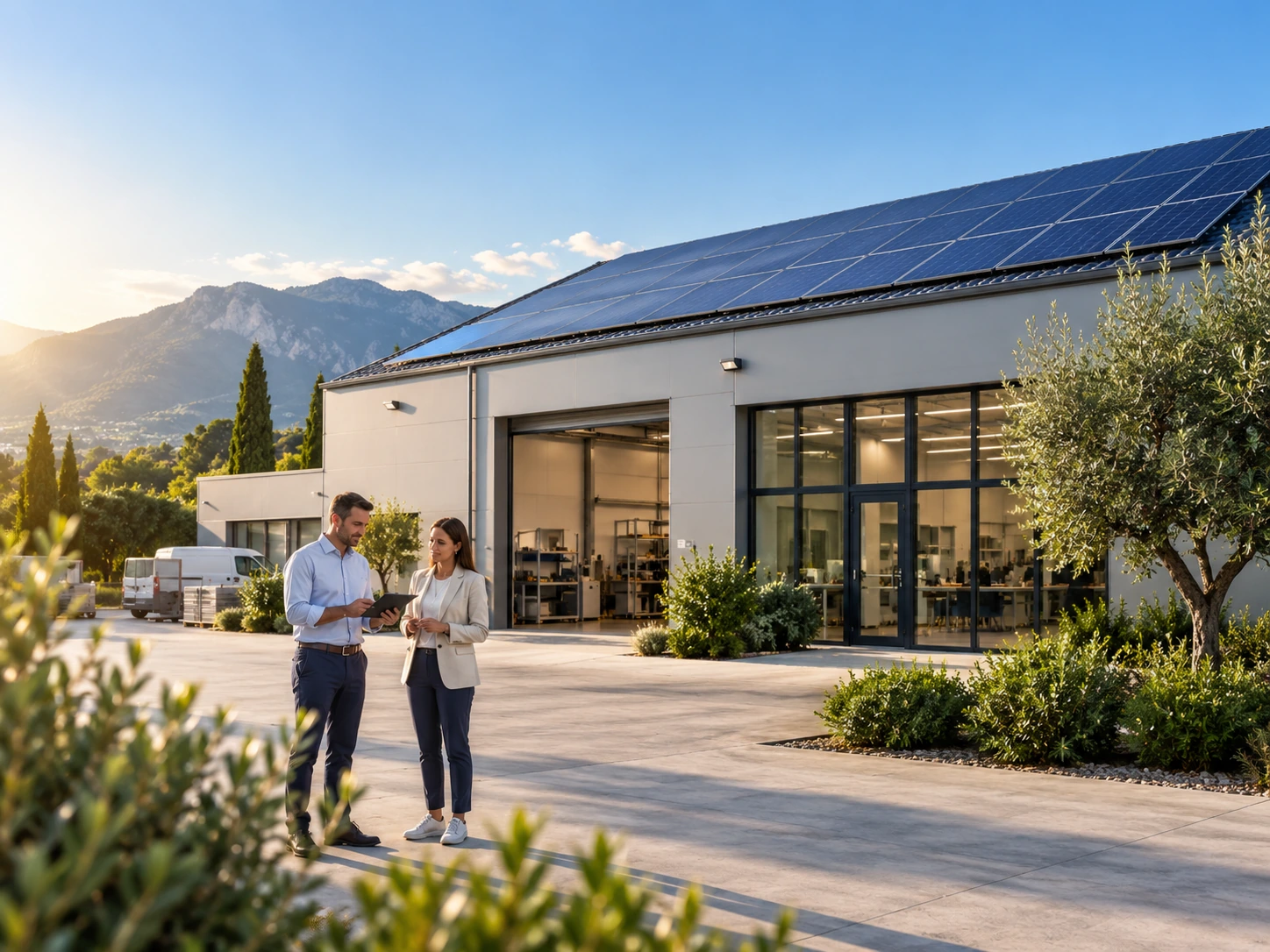 Due persone con un tablet davanti a un edificio con pannelli fotovoltaici