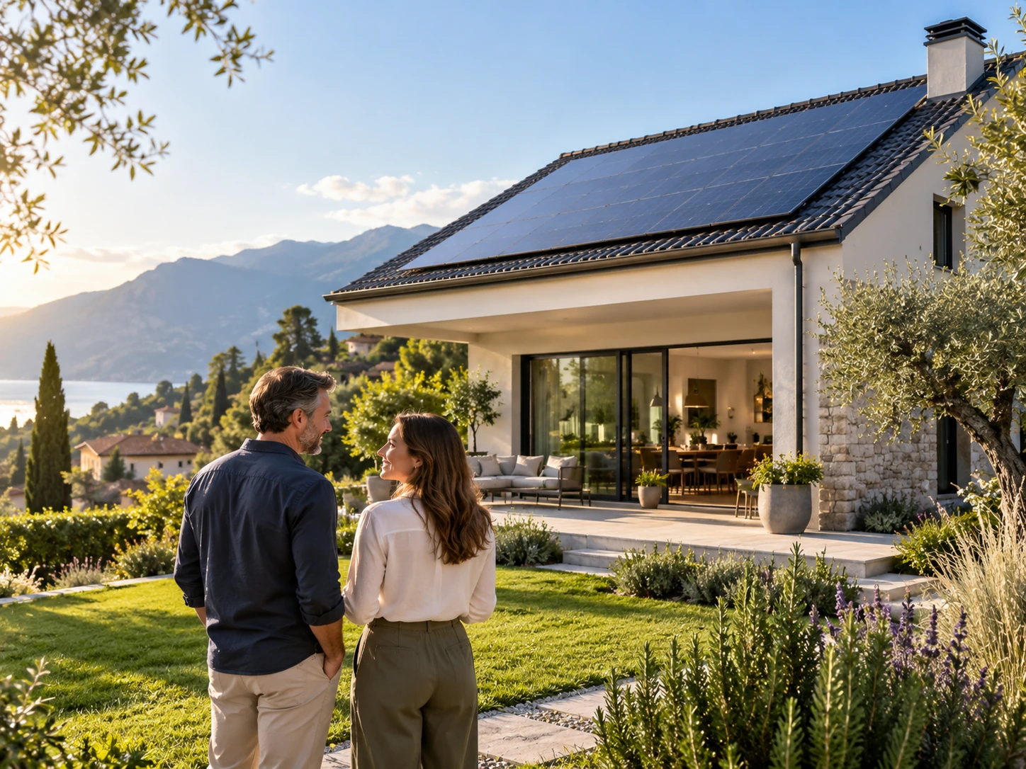Due persone davanti a una casa con pannelli fotovoltaici sul tetto